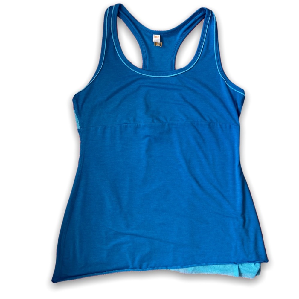 Lucy Blue Racerback Asymmetrical Double Layer Tank Top | EUC Size M